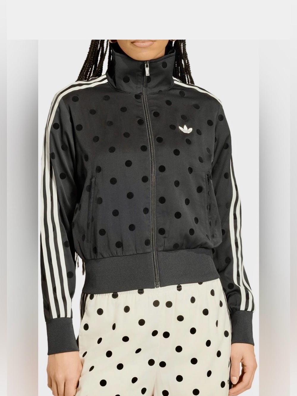 Adidas NWT Black Satin Polka Dot Track Jacket with Signature White Stripes, Med. - Picture 2 of 5
